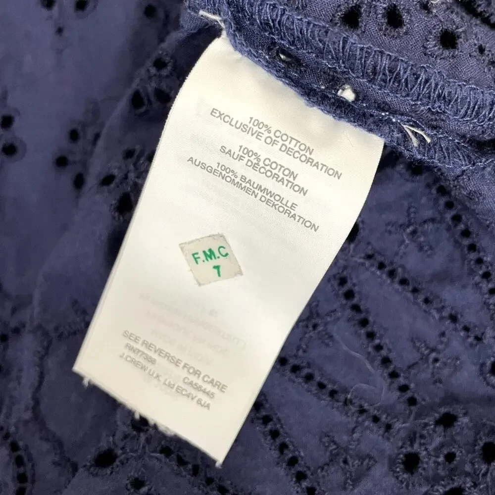 J. Crew Cotton Eyelet Lace Flutter Hem Dress Navy Blue Sz 12 Boho Chic Romantic